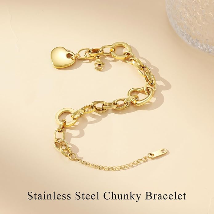 Emibele Heart Charm Bracelet for Women, Bible Verse Bracelet Stainless Steel 18K Gold Plated Bracelet Love Pendant Link Chain OT Clasp, Birthday Christmas Jewelry Gift for Mother Her