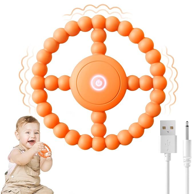 Vibrating Sensory Teething Toys,Baby Toys 6-18 Months, Autism Support & Oral Development, USB Rechargeable Teether for Toddlers, 1-2 Year Old Boys Christmas Girls Gifts idea (Orange)