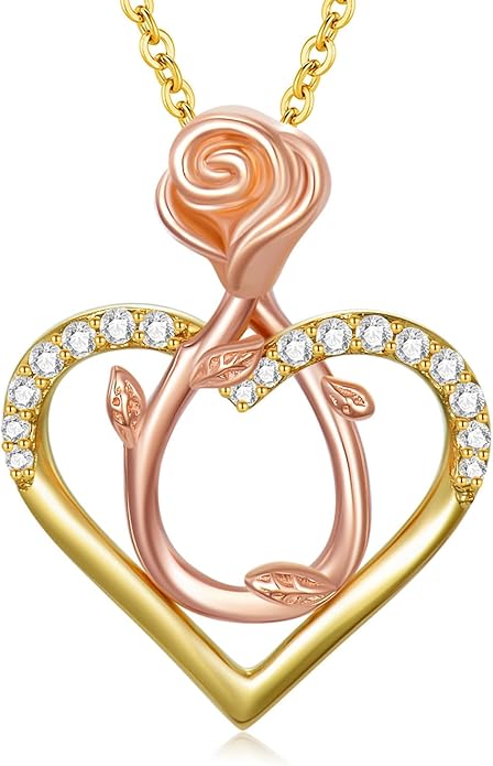 14K Solid Gold Rose Flower/Sunflower Necklaces for Women Flower Heart Pendant Necklace Love Sunshine Jewelry Anniversary Valentine's Day Birthday GiftS for Women Wife Girlfriend Her Mom