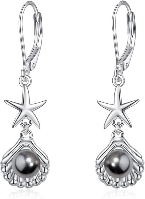 VONALA Silver/Gold Seashell Pearl Dangle Earrings 925 Sterling Silver Beach Drop Dangle Earrings Starfish Leverback Earrings Ocean Jewelry Gifts for Women
