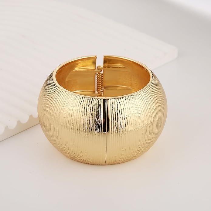 HZMAN 18K Gold Plated Wide Cuff Bracelet for Women - Premium Alloy Shiny Polished Double Layer Statement Bangle, Trendy Daily Wear Party Jewelry Accessory