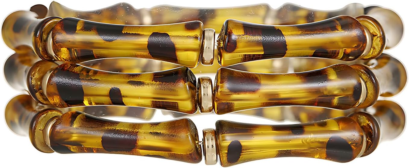 Tortoise Shell Bamboo Bangle Bracelet for Women – 3-Layer Acrylic Stretch Cuff with Faux Tortoiseshell Pattern – Retro Stackable Jewelry