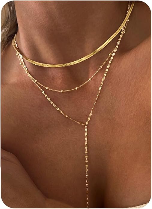 3PCS Gold Necklaces for Women,Chunky Statement Gold Plated Necklace Stack Layered Sterling Silver Herringbone Chains for Women Dainty Trendy Silver Chains Stacked Jewelry Gifts