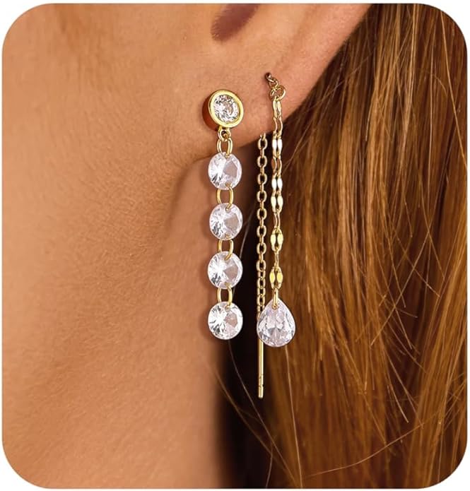 Dangle Earrings For Women Trendy 14K Gold Plated Drop Silver Long Dangling Dainty CZ Simple Hanging Jewelry