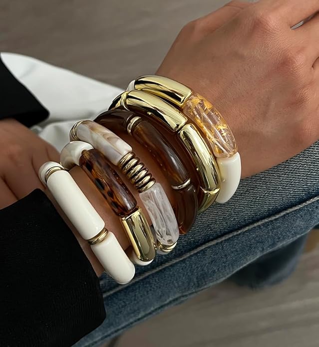 iF YOU 6pcs Chunky Acrylic Bangle Bracelets for Women, Resin Bamboo Brown Stretchy Bracelet Stack, Fashion Jewelry for Women