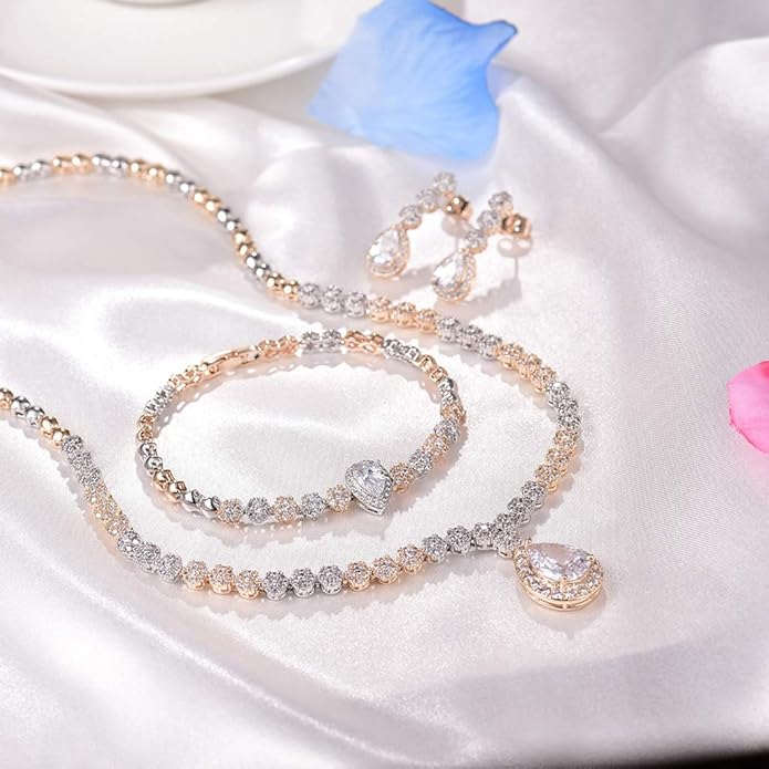Hadskiss Jewelry Set for Women, Necklace Dangle Earrings Bracelet Set with White AAA Cubic Zirconia, Allergy Free Wedding Party Jewelry for Bridal Bridesmaid