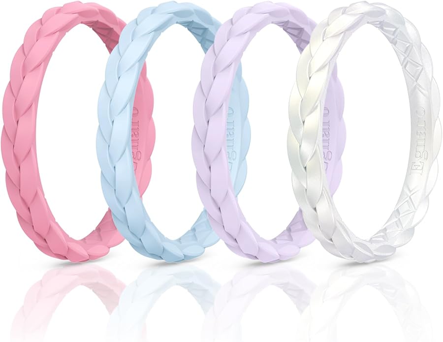 Egnaro Thin Silicone Anniversary Rings:2.5mm Wide - 2mm Thick Woven Design Statement Rubber Wedding bands Women,2-5 Variety Multipack