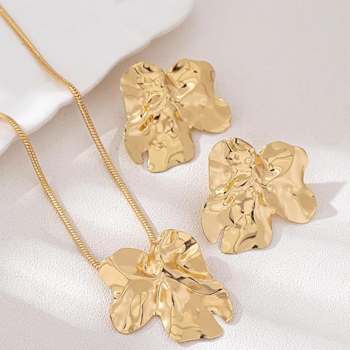 Chunky Big Gold Earrings Statement Choker Necklace Jewelry Set for Women, Charm Large Irregular Geometry Pendant Bold Stud Party Prom Accessories Gift