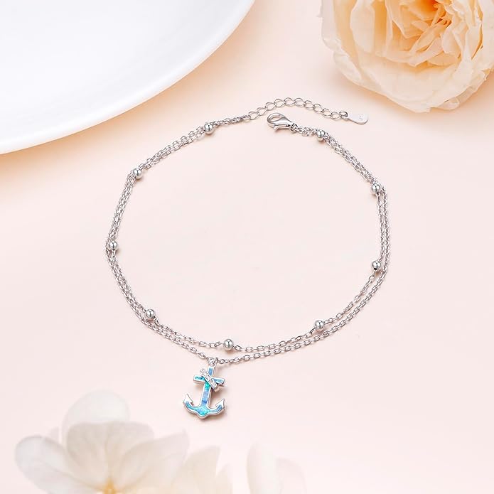 S925 Sterling Silver Ankle Bracelets Anchor/infinity/Starfish Anklet for Women Blue Opal Moonstone Anklet Foot Chain Beach Anklets Jewelry