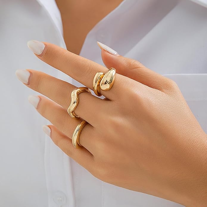 MIFYNN Chunky Gold Rings for Women Gold Silver Adjustable Thick Ring Fashion Statement Ring Open Dome Ring Chunky Silver Rings Geometric Curved Minimalist Simple Rings