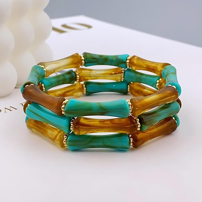 Tortoise Shell Bamboo Bangle Bracelet for Women – 3-Layer Acrylic Stretch Cuff with Faux Tortoiseshell Pattern – Retro Stackable Jewelry