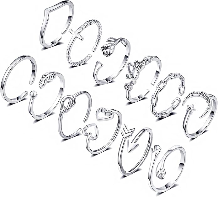KOHOTA 12PCS Adjustable Knuckle Rings for Women 14K Gold Plated Silver Simple Stacking Rings Pack Open Knot Star Moon Butterfly Dainty Thumb Ring Set for Women