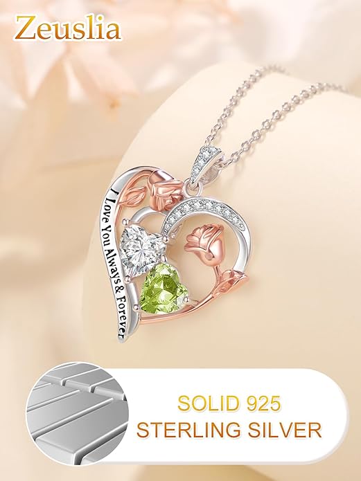 Valentine's Day Gifts for Wife 925 Sterling Silver Double Birthstone Pendant Necklaces I Love You for Always and Forever Necklace Anniversary Birthday Gifts for Wife Girlfriend Mom Her