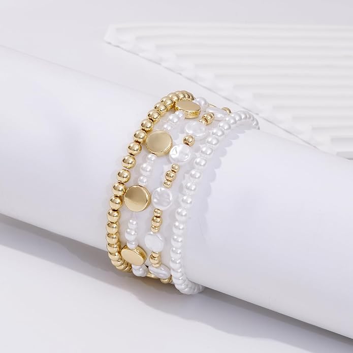 Gold Plated Beaded Bracelets for Women Trendy, 14K Gold Plated Stack Cross Pearl Gold Plated Bead Stretch Bracelets Set Elastic Hypoallergenic Bracelets Jewelry Gifts