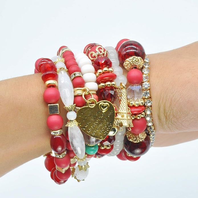 Bohemian Bracelet Sets for Women - 6 Sets Stackable Stretch Bracelets Multi-color Boho Jewelry for Women Hippie Bracelets Dainty Jewelry