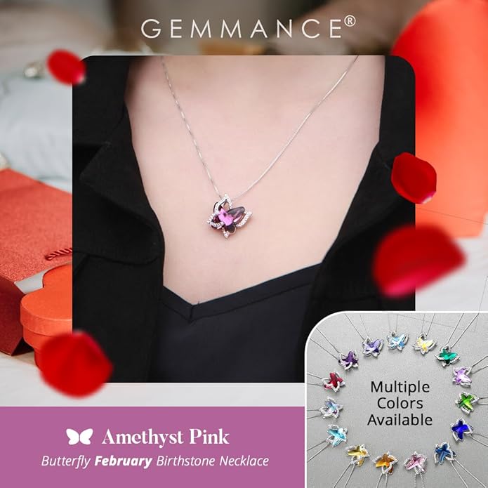 Valentine's Day Gift Butterfly Birthstone Crystal Necklace, Silver Tone with 18”+2” Chain, Necklace for Mother’s Day Anniversary Birthday Gifts for Women and Daughter