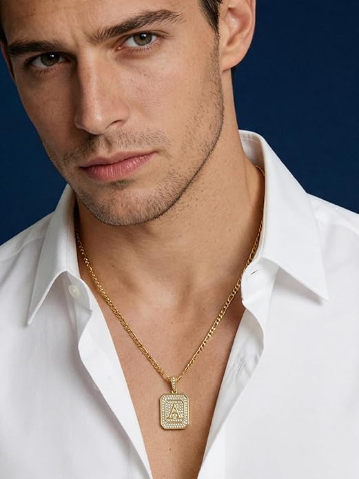 Initial Letter Pendant Necklace for Men Women, 14K Gold Square Monogram Alphabet Necklace with Figaro Chain, Valentines Day Birthday Gifts for Him Her