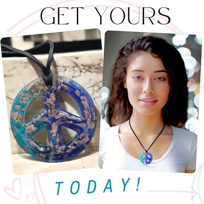 BESHEEK Murano Inspired Peace Sign Blown Glass Lampwork Art Pendant Necklace for Women Handcrafted Artisan Hypoallergenic Italian Style Jewelry