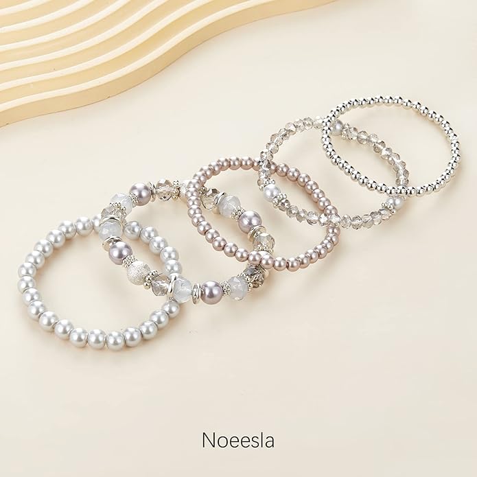 Noessla Beaded Pearl Stretch Bracelet Silver Stackable Crystal Beads Bracelets Trendy Costume Jewelry Mothers Day Gifts for Women