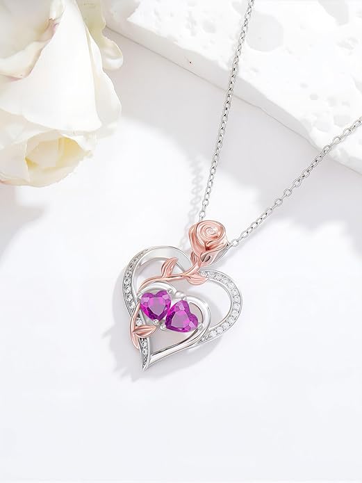 Rose Flower Heart Pendant for Women Birthday Gifts 18k Gold Plated Mother Daughter Necklace with 12 Months Birthstone Christmas Valentines Day Gifts for Her Mom Anniversarry Jewelry for Mom Wife Girlfriend