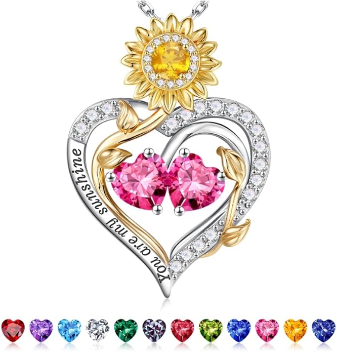 Iefil Valentines Day Gifts for Her - 925 Sterling Silver Sunflower Double Birthstone Necklace for Women, Anniversary Birthday Gifts for Wife, You Are My Sunshine Necklaces, Jewelry for Wife Mom