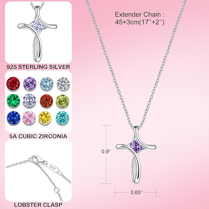 Cross Necklace for Women, 925 Sterling Silver Birthstone Necklace for Women with Diamond Sideways Cross Necklaces Birthstone Jewelry Birthday Gifts for Womens