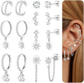 Dochais Flat Back Cartilage Earrings for Women Trendy Dainty CZ Flatback Studs Earing Sets 14k Gold Plated Hypoallergenic Huggie Hoops Earring Stacks for Multiple Piercing