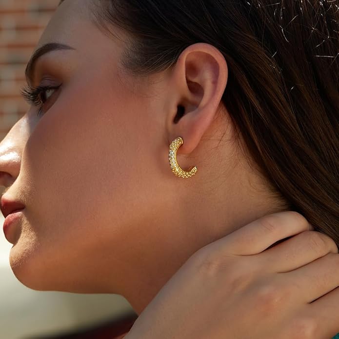 Gold Earrings for Women Girls,14K Gold Plated Hoop Earrings with 925 Sterling Silver Post Cubic Zirconia Stud Earring Huggie Hoops Earrings