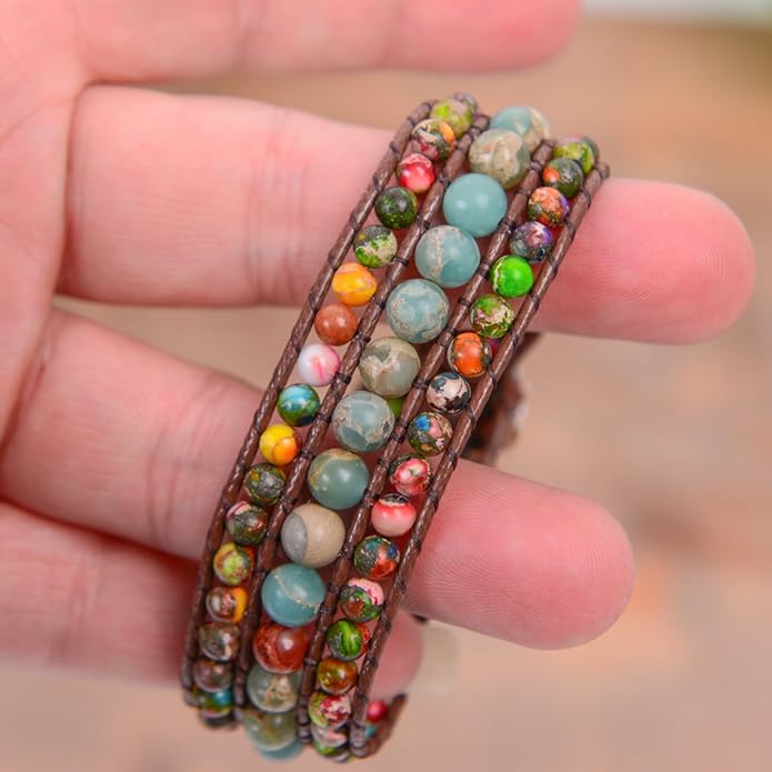 YGLINE Boho Handmade Natural Stone Bead 3 Row Wide Wrap Wrist Statment Bracelet Jewelry Collection
