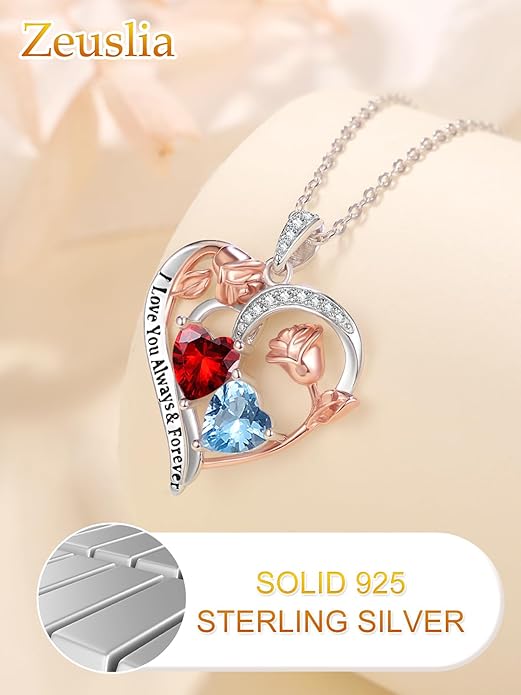 Valentine's Day Gifts for Wife 925 Sterling Silver Double Birthstone Pendant Necklaces I Love You for Always and Forever Necklace Anniversary Birthday Gifts for Wife Girlfriend Mom Her