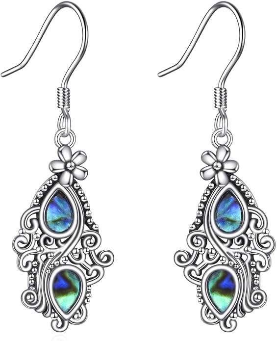 Abalone Shell Dangle Drop Earrings for Women 925 Sterling Silver Filigree Bohemian Earrings Jewelry Gift