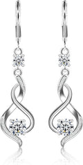 Sterling Silver Dangle Earrings for Women Trendy Hypoallergenic Leverback Silver Drop Earrings with Cubic Zirconia Double Twisted Infinity Heart Ball Charm Dangle Drop Earring Jewelry