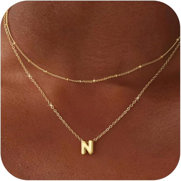 Valentines Day Gifts for Her - Bubble Letter Necklace Layered 14K Gold Plated Initial Necklaces for Women Dainty Cute Choker Pendant Stack Jewelry Fashion Accessories Teen Gift Trendy Stuff