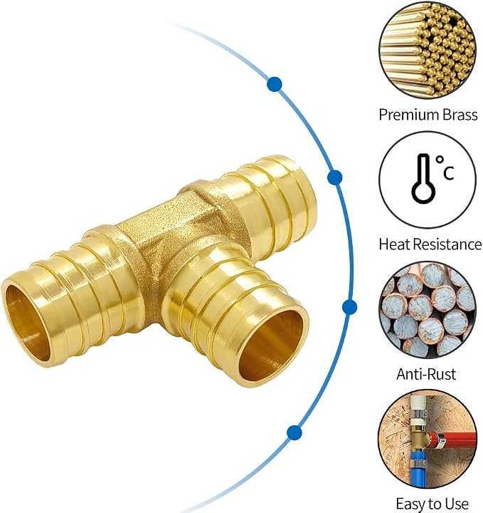 Hooshing 12PCS 3/4" Pex Tee Fittings, Brass Barb Crimp Fitting - Image 2