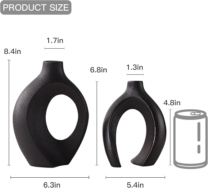 Black Hollow Ceramic Vase Set of 2, Snuggle Round Boho Donut Modern Vase Nordic - Image 4