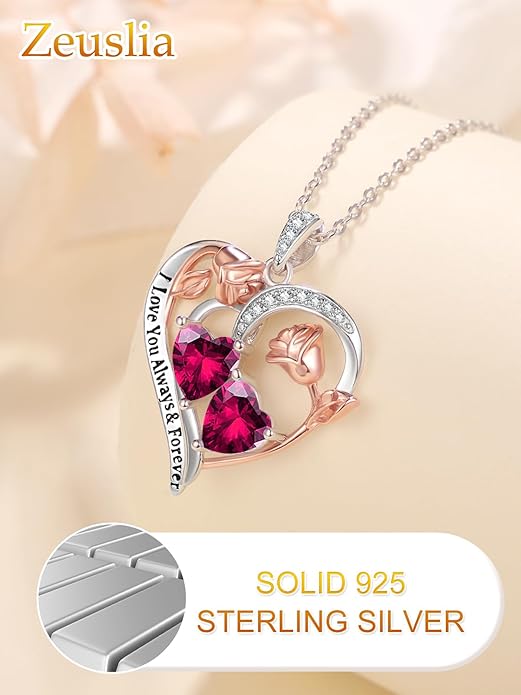 Valentine's Day Gifts for Wife 925 Sterling Silver Double Birthstone Pendant Necklaces I Love You for Always and Forever Necklace Anniversary Birthday Gifts for Wife Girlfriend Mom Her