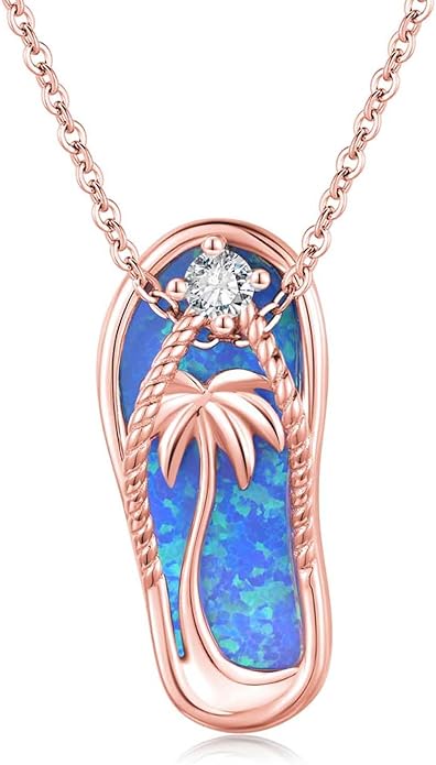 Midir&Etain Ocean Necklace 925 Sterling Silver Blue Opal Necklace Starfish/Flip Flop/Shark Pendant Beach Ocean Jewelry for Women
