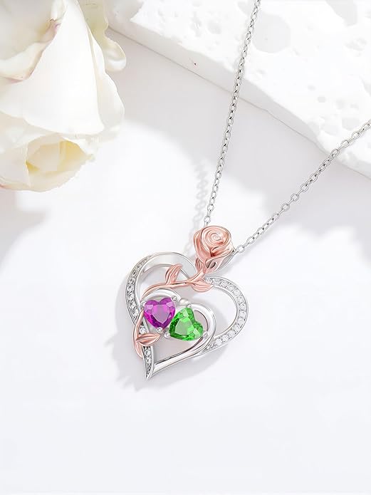 Rose Flower Heart Pendant for Women Birthday Gifts 18k Gold Plated Mother Daughter Necklace with 12 Months Birthstone Christmas Valentines Day Gifts for Her Mom Anniversarry Jewelry for Mom Wife Girlfriend