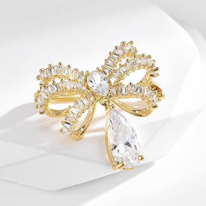 Bow Knot Pin Rhinestone Crystal Pearl Brooch 18k Gold Plated Lapel Pin Birthday Jewelry Gift for Women Men