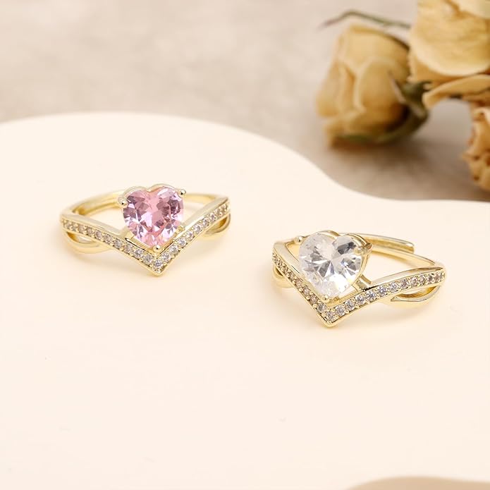 Jean Beau Gold Heart Adjustable Rings for Women, Trendy Elegant Sparkly Cubic Zirconia Ring Wedding Prom Valentine Fashion Accessories Jewelry Gift
