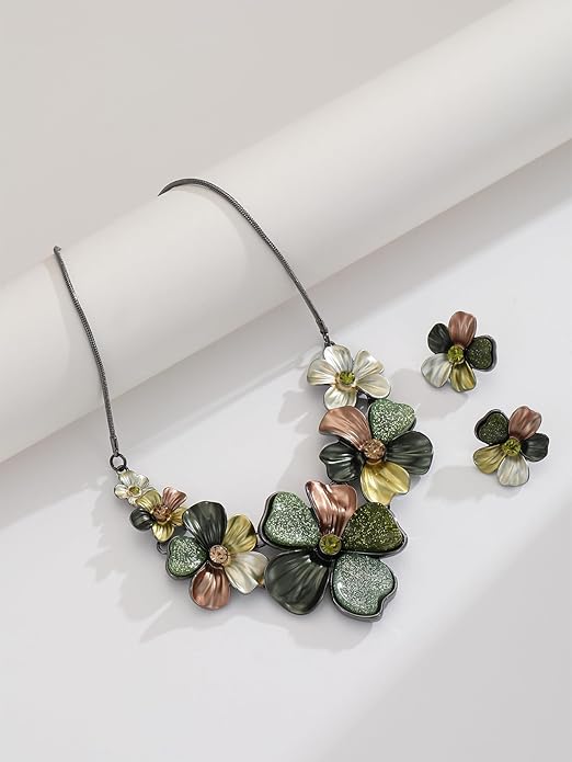 Chunky Statement Jewelry Set Vintage Retro Leaf Flower Floral Geometric Bohemian Boho Bib Necklace Earring Set Fashion Costume Jewelry for Women Girls Wedding Party Prom Unique Gift