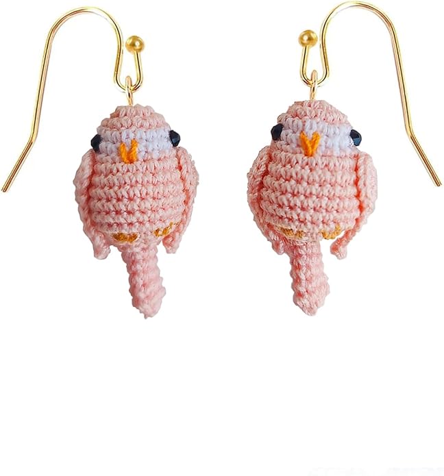 Hand-crocheted yellow and blue parrot earrings, miniature crocheted artistic cute playful parrot gifts accessories