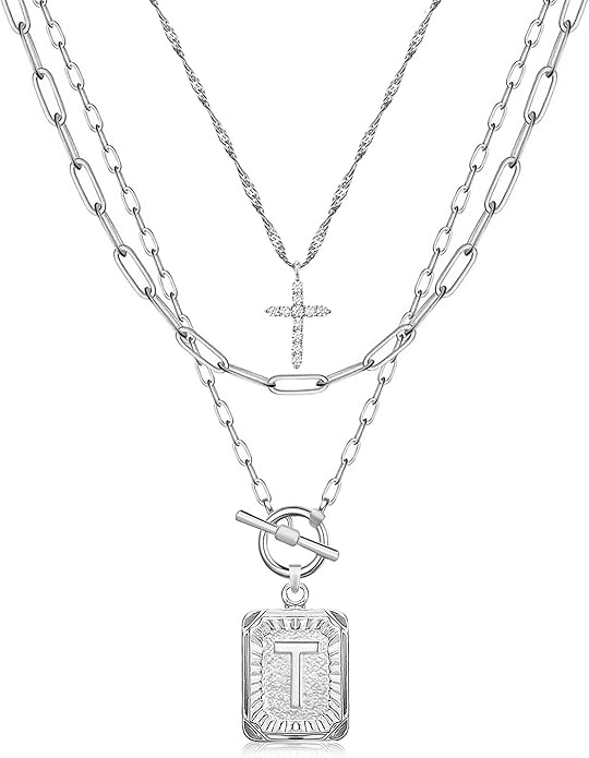 MJartoria Layered Initial Necklaces for Women Trendy, 14K Gold Plated Brass Simple Dainty Cross Choker Square Letter Pendant Necklace, Paperclip Chain Necklaces Jewelry