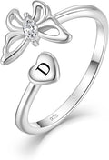 STARCHENIE Butterfly Initial Ring for Women 925 Sterling Silver Letters A-Z 26 Alphabet Adjustable Ring Size 7