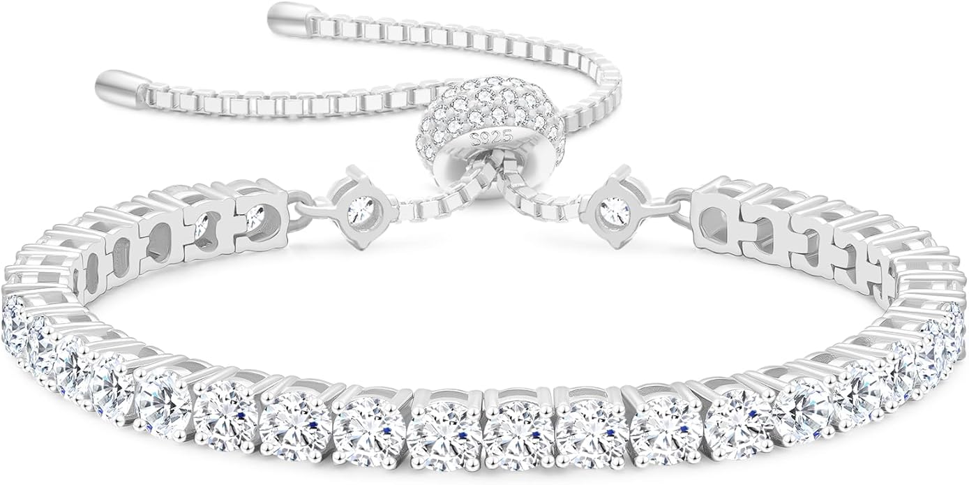 KRKC&CO Moissanite Bolo Tennis Bracelets for Women, 1.6-8.0 ct.tw, Adjustable Length S925 Sterling Silver, Christmas Gifts for Her, Luxury Box, 2/3/4mm D Color VVS1 White/14K/24K/Rose Gold Plated