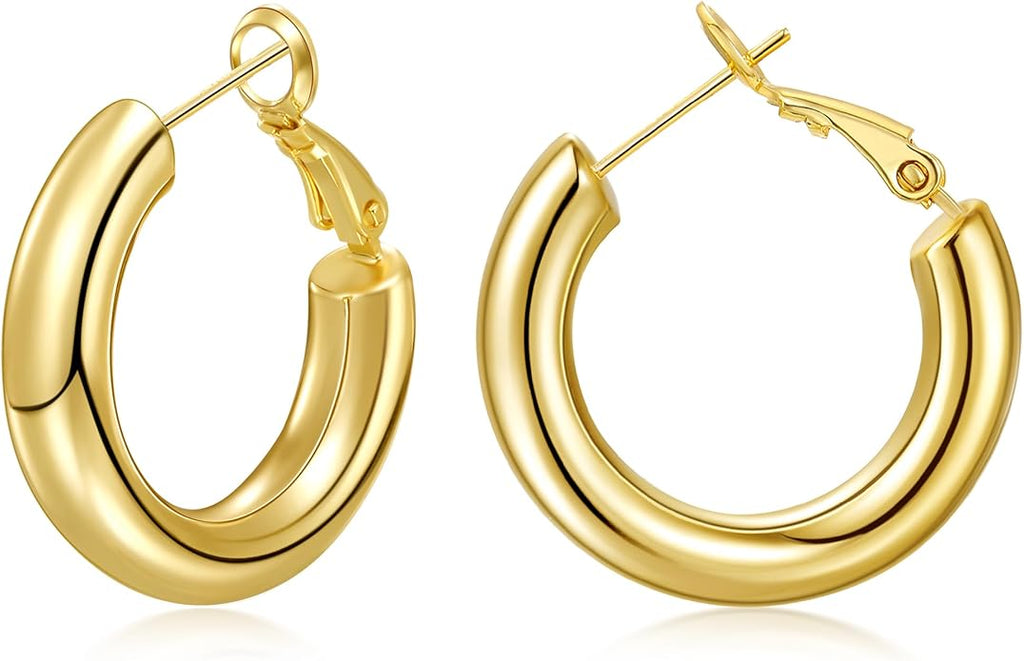 sovesi Chunky Gold Hoop Earrings for Women with 925 Sterling Silver Post, 14K Gold Plated Small Thick Gold Hoops Earrings for Women