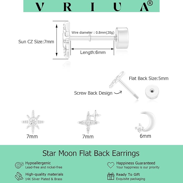 VRIUA 20G Tiny Flat Back Earrings for Women - 14K Gold/Silver Plated Small Flat Back Stud Earrings Hypoallergenic Cartilage Helix Piercing Jewelry