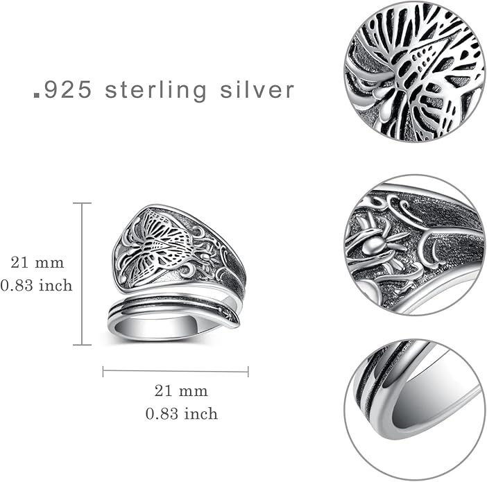 Vintage Butterfly Spoon Ring 925 Sterling Silver Adjustable Oxidized Spoon Rings Wrap Around Open Ring Thumb Statement Jewelry for Women Mom