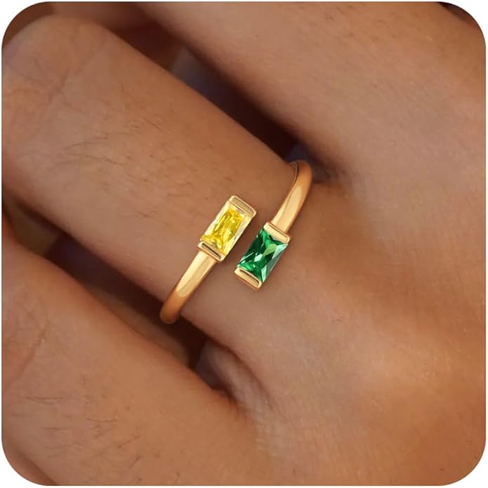 Honsny Gold Birthstone Rings for Women Non Tarnish 14K Gold Plated Adjustable Emerald Ring Cubic Zirconia Gemstone Promise Ring for Her Engagement Personalized Waterproof Jewelry Gifts for Birthday