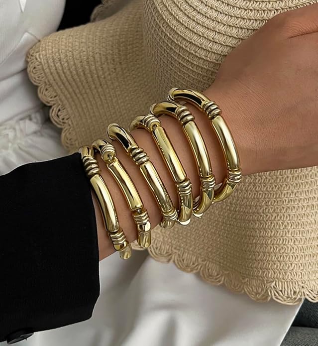 iF YOU 6pcs Chunky Acrylic Bangle Bracelets for Women, Resin Bamboo Brown Stretchy Bracelet Stack, Fashion Jewelry for Women